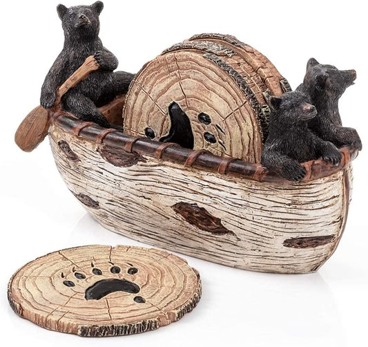 Bear Coasters Set of 6 Full Size Rustic Coasters in Handmade Canoe with Adorable Black Bear Figurines | Black Bear Log Cabin Decorations, Rustic Lodge Decor for The Home