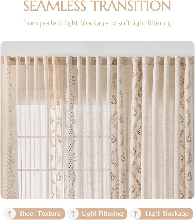 jinchan Belrose Linen Sheer Curtains for Living Room 84 Inch Length Sheer Voile Embroidered Floral Curtains for Bedroom Light Filtering Rod Pocket Window Treatments Farmhouse Decor 2 Panels Beige