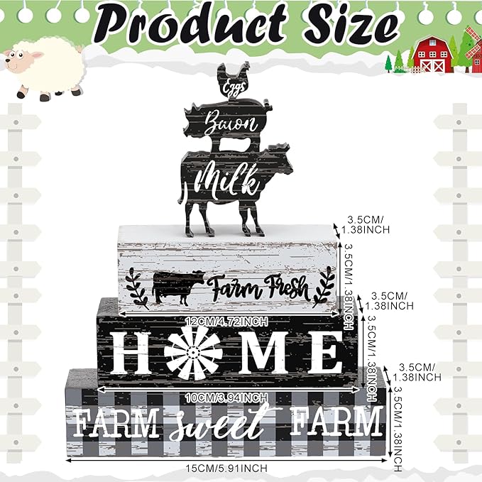 Geelin 4 Pcs Farmhouse Kitchen Signs Cow Rooster and Pig Decors Rustic Wooden Signs Country Table Centerpiece Tiered Tray Decor Table Top Sign for Home Kitchen