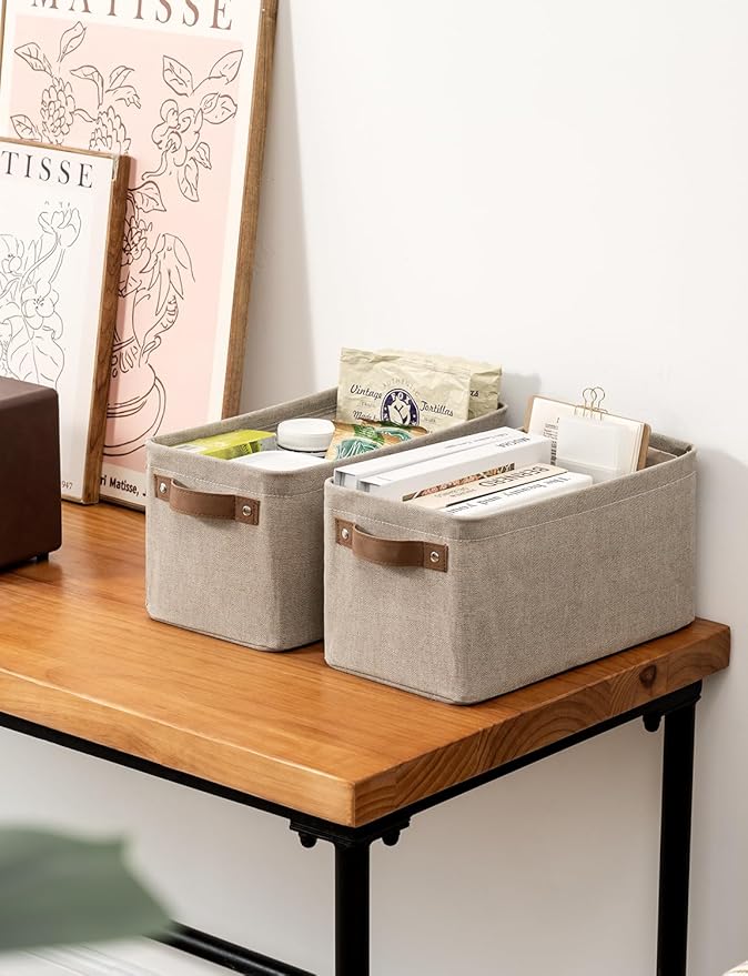 StorageWorks Narrow Storage Bins, Small Basket for Closet and Shelves, Rectangular Fabric Organizer with Handles, Toilet Paper Storage, Brown and Beige, 2-Pack