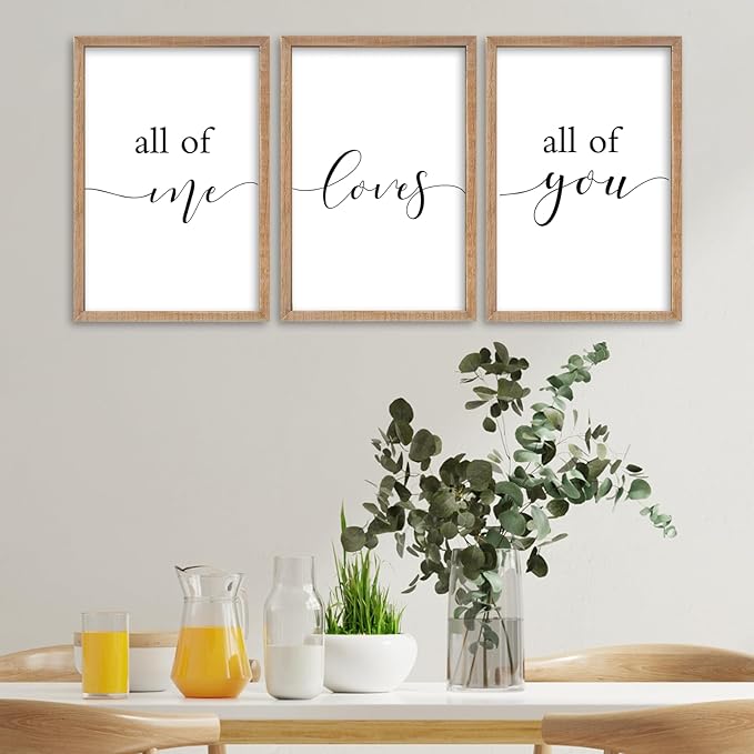 SRSZHIYUE Romantic Love Quote All of Me Loves All of You Sign Wall Decor 16"×11" Set of 3 Framed Wooden Plaque for Couples Master Bedroom Above Over Bed Love Rustic Farmhouse Wall Hanging Art (Wood)