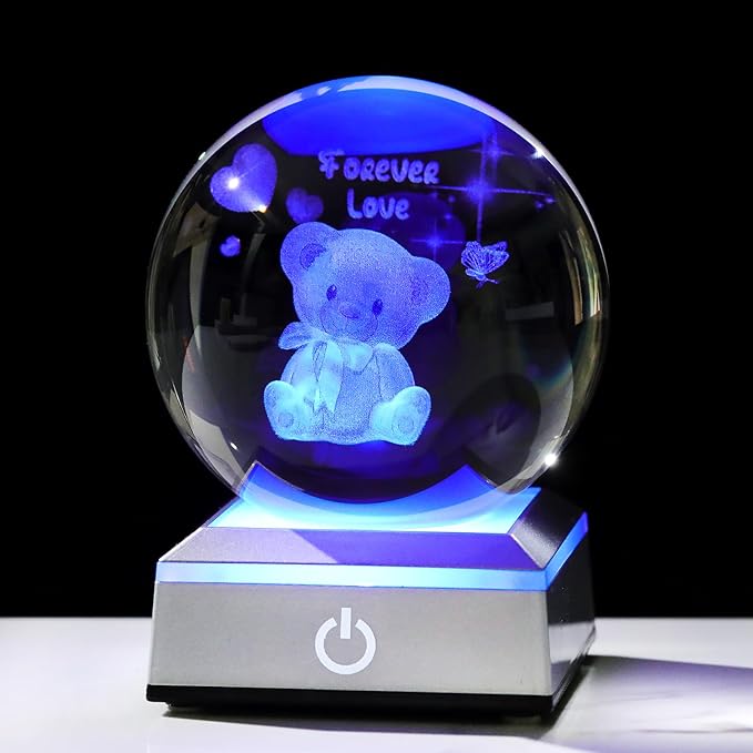 Ornalrist 3D Crystal Ball Engraved Bear and Forever Love Text with LED Base 3.15'' - Gifts for Woman, Girlfriend, Wife on Birthday, Valentine's Day Anniversary - Bear Figurine Collection Home Decor