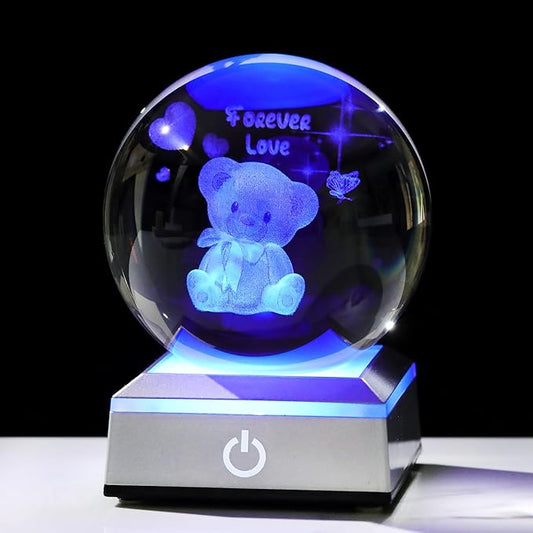 Ornalrist 3D Crystal Ball Engraved Bear and Forever Love Text with LED Base 3.15'' - Gifts for Woman, Girlfriend, Wife on Birthday, Valentine's Day Anniversary - Bear Figurine Collection Home Decor