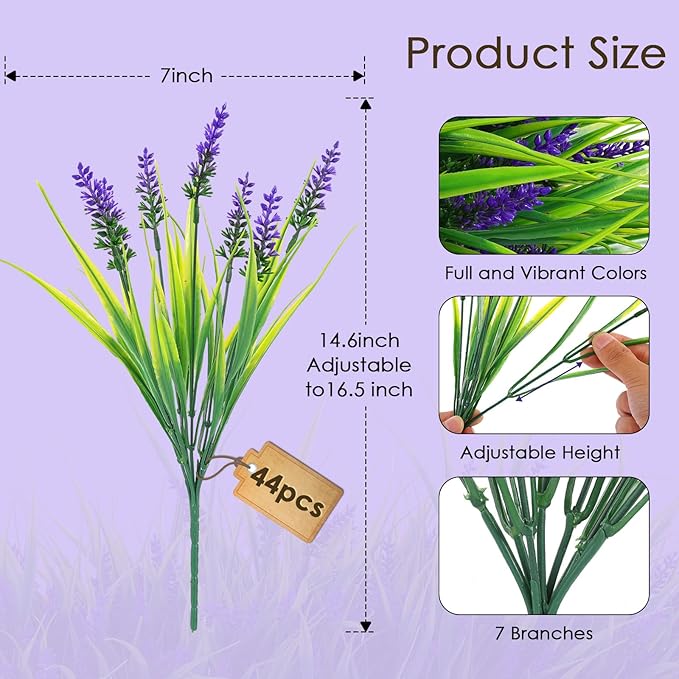 44 Pcs Artificial Outdoor Flowers Lavender Fake Greenery Plants UV Resistant Grass with Purple Flowers for Pot Decor for Window Garden Patio Hanging Planter Pathway Front Porch (44, Purple)