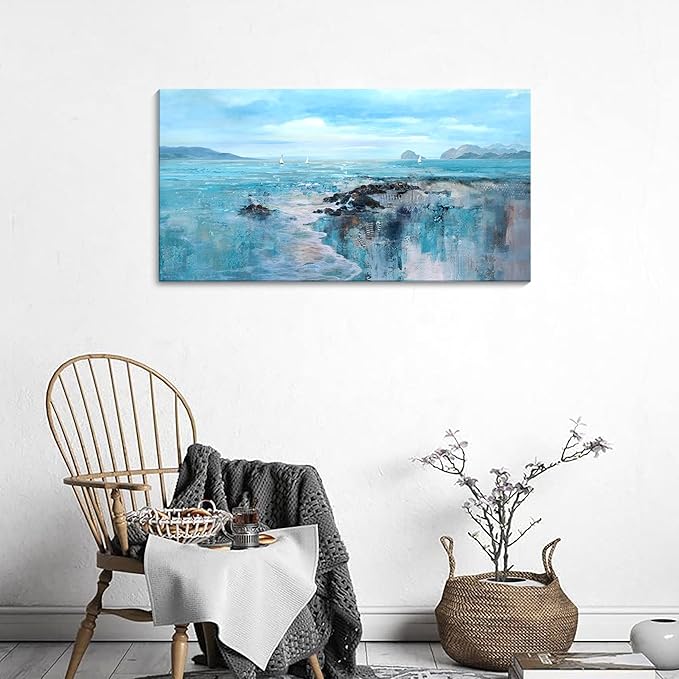 YCPRIMER Large Beach Wall Art for Living Room Coastal Picture for Bed Room Ocean Landscape Canvas Art Wall Decor Blue Seaside Painting Artwork for Home Bedroom Office Decoration