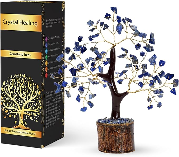 NARIBABU Lapis Lazuli Crystal Tree (7–8 Inch, 100 Chips) – Handmade Gemstone Tree with Raw Stones & Golden Wire – Birthday Gifts for Women, Gift for Her, Spiritual Decor, Office Desk