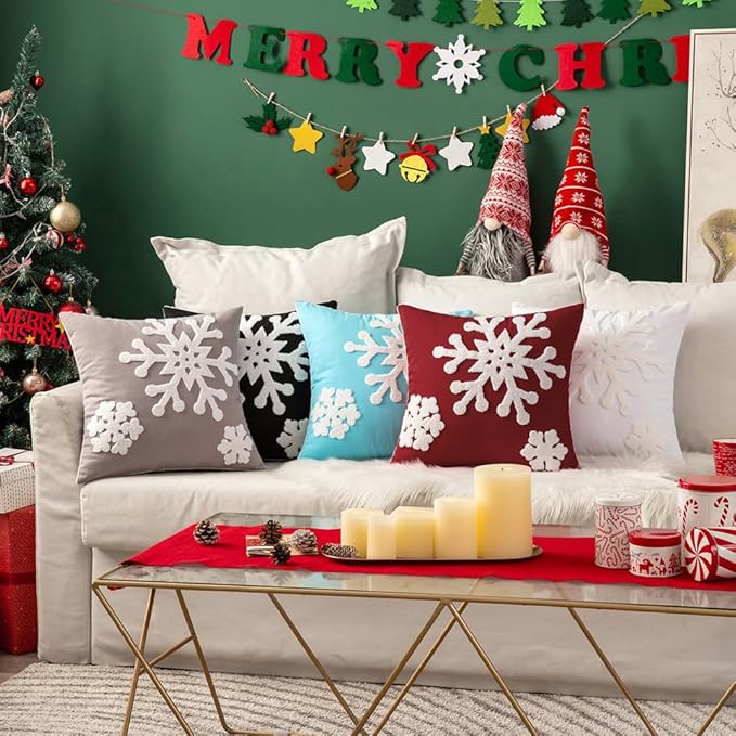 MIULEE Pack of 2 Christmas Decorative Snowflake Throw Pillow Covers Canvas Embroidery Winter Cushion Cases Holiday Decor Soft Pillowcases for Winter Couch Sofa Bedroom Car（Burgundy, 16x16in）