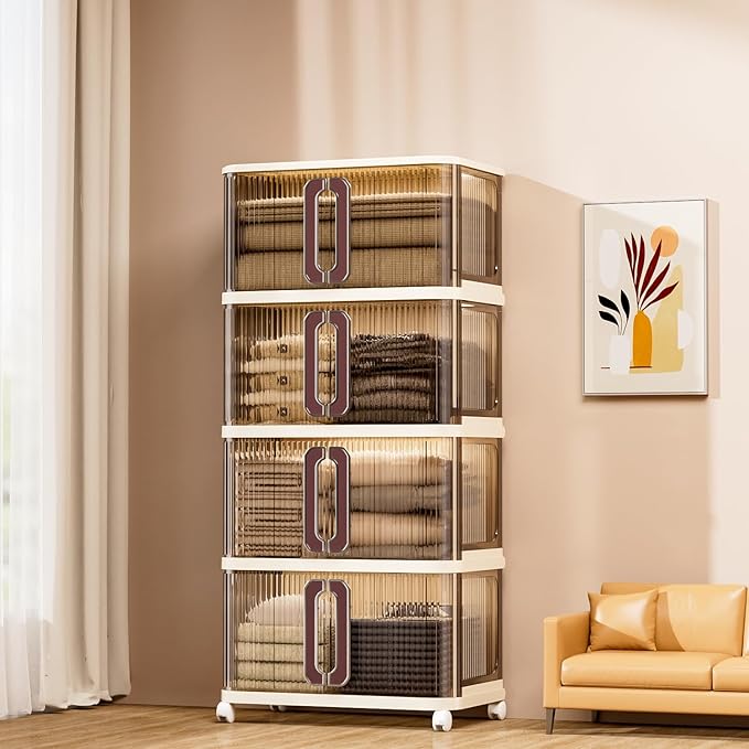 217Qt Plastic Storage Bins with Lid, Stackable Storage Bins with Wheels & Sliding Door, Collapsible Storage Box for Closet Organizers and Storage Box for Home and Office, Coffee, 4 Pack