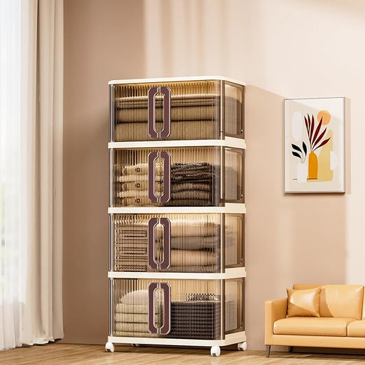 217Qt Plastic Storage Bins with Lid, Stackable Storage Bins with Wheels & Sliding Door, Collapsible Storage Box for Closet Organizers and Storage Box for Home and Office, Coffee, 4 Pack