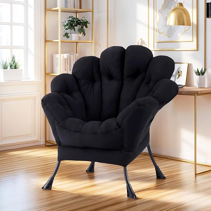 Lazy Chair, Modern Floral Reading Chair with Folding Footrest, Lounge Accent Chair, Comfortable Oversized Armchairs for Bedroom, Living Room, Courtyard, Black