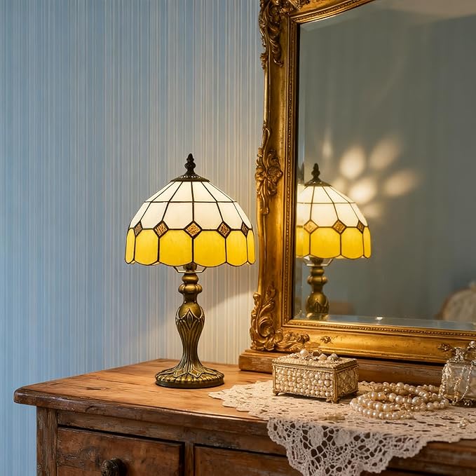 Tiffany-Style 8 Inch Table Lamp Mediterranean Series Stained Glass Lampshades Small Bedside Lamp Reading Antique Desk Light Livingroom Bedroom Office Vintage Art Deco Victorian(Color:Orange)