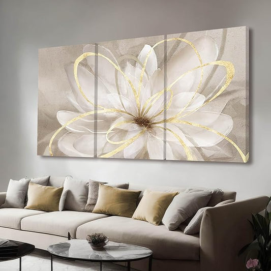 Kureful Gold Wall Art Pictures for Bedroom Flowers Wall Decor Floral Posters Art 3 Piece Wall Decorations Minimalist Decor for Walls 20"x 26"x 3