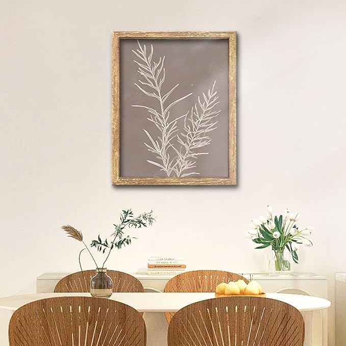 GUMEYJIA Botanical Wall Art Print White Leaves on Brown Background Rustic Frame Modern Farmhouse Home Decor Kitchen Wall Signs (Frame 8x10in)