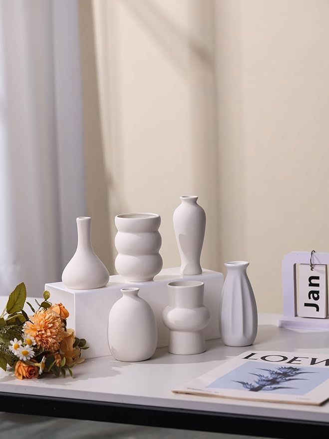 Set of 9 Ceramic Bud Vases for Pampas Grass Flowers, Small Vases in Bulk for Centerpieces Boho Vases for Wedding Decorations Neutral Living Room and Bedroom Decor DIY Gift (White-2)