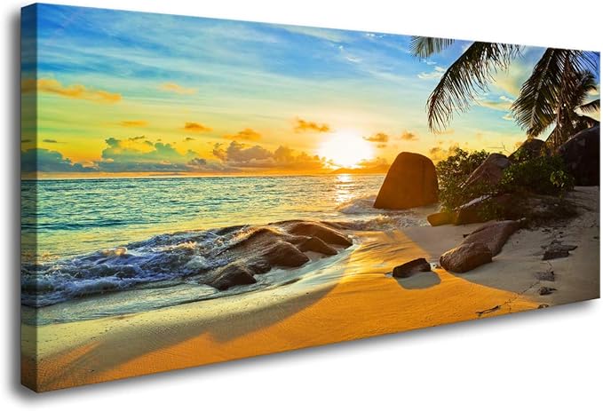 XXMWallArt FC1375 Canvas Wall Art Tropical Beach At Sunset Seascape Picture Paintings Artwork Prints Framed Ready to Hang for Home Office Bedroom Living Room Bathroom Kitchen Wall Decor