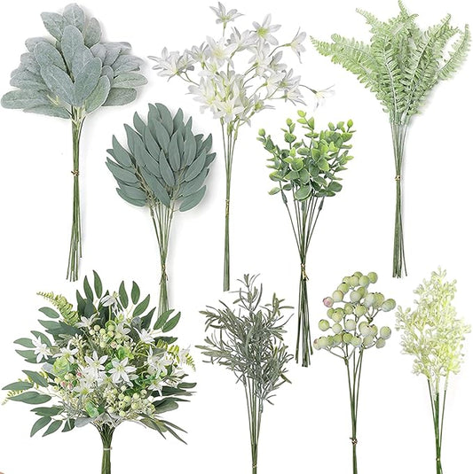 FOTEEWL 70 Pcs Artificial Greenery Stems Box Set,with 8 Kinds of Faux Plants and Fake Flowers for DIY Bridal Bouquets Wedding Floral Arrangement Table Centerpieces Decoration (Sage Green & White)