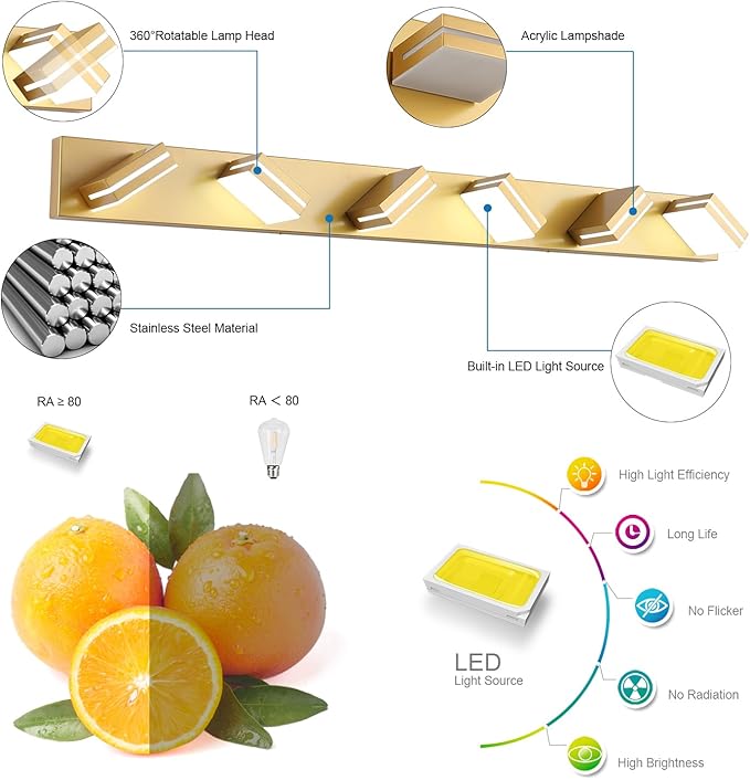 SineRise LED Modern Bathroom Vanity Light Fixtures (6-Light, 48-Inch), Matte Gold Modern Acrylic Bathroom Wall Lighting Fixtures Over Mirror (Cool White 6000K)