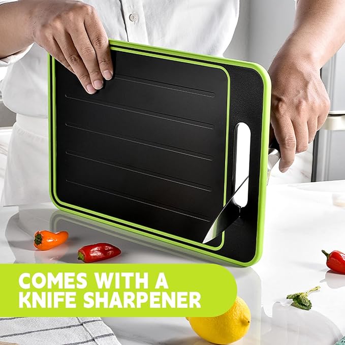 Cutting Board Double Sided,2 Pcs Vegetable Board With Sharpening Stone,Large Size+Small Size,Food Grade Stainless steel and Wheat straw PP Material,Eco-Friendly and Easy to Clean (khaki)