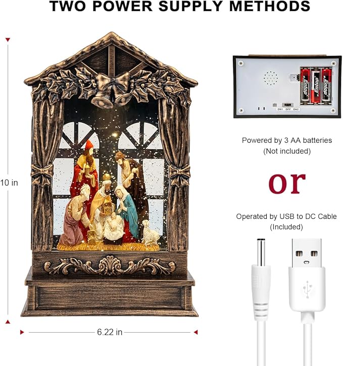 Christmas Snow Globe Lighted Manger Nativity Scene, Musical Window Water Lantern Play Silent Night Music in Swirling Glitter, Holiday Decorations Gifts for Family, Children or Friends