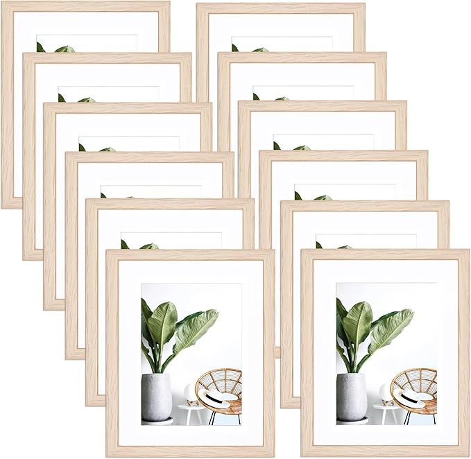 Picture Frame 4x6 with mat to 3.5x5 MDF Wood photo Frame Set of 12 - Natural Textured Exclusive Frames with HD Glass Tabletop and Wall Mounting Horizontal or Vertical Display Photo Frame for