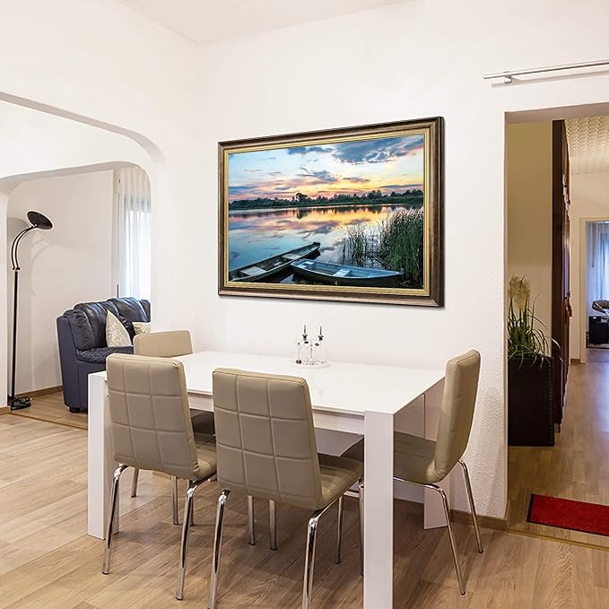 Lake Scene Canvas Wall Art: Large Framed Landscape Print Picture Relaxing Gorgeous Sunset Forest Artwork Calming Boat Reed Painting Contemporary Country Scenery Photo for Living Room Office