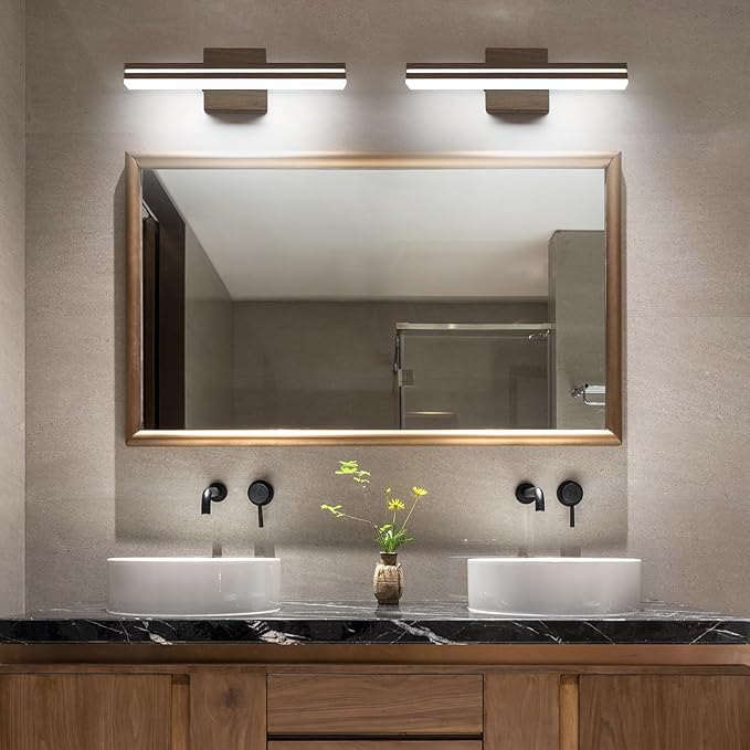 SineRise LED Modern Bathroom Vanity Light Fixtures (16-Inch, 3000K/4000K/6000K, Dimmable), Brown Wood Painted Modern Acrylic Bathroom Wall Lighting Fixtures Over Mirror