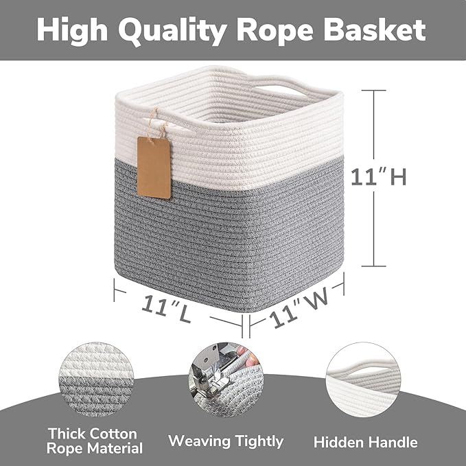 INDRESSME 11x11 Cube Storage Bins, 3-Pack Rope Woven Basket for Organizing Cube Toy Baskets Storage Kids, Square Baskets for Cloth Towel, Book Basket, Bathroom, White & Grey