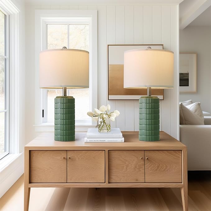 PoKat 23" Dark Green Ceramic Table Lamps Set of 2, Modern Table Lamps for Living Room, Farmhouse Lamps for Bedroom Night Stands, Traditional Nightstand Desk Decor Lamps