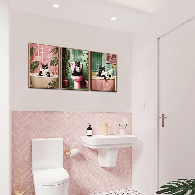 CHDITB Bathroom Black Cat Framed Canvas Wall Art Set, Funny Bathroom Wall Decor, Pink Green Toilet Artwork Black Cat Toilet Wall Painting, Tropical Art Prints Modern Home Decor - Large Size 16"x24"x3