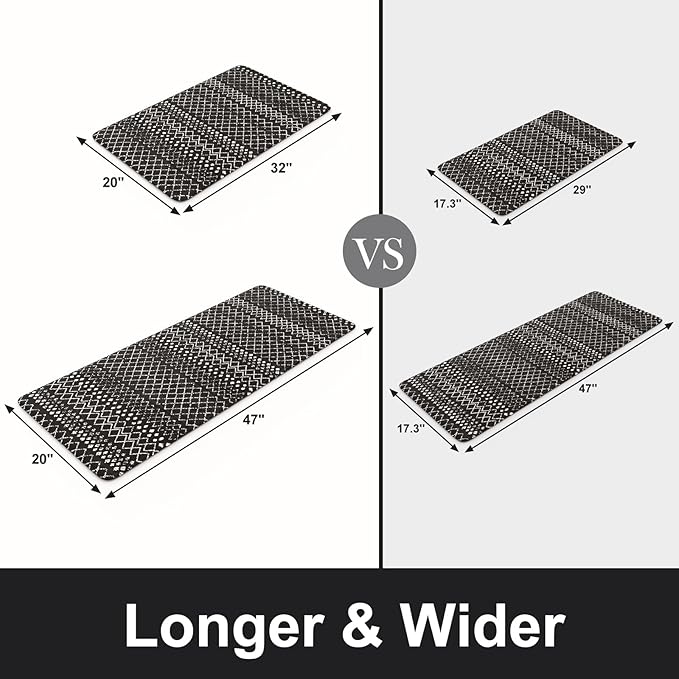 KIMODE Anti Fatigue Kitchen Mats for Floor 2 Piece, Cushioned Farmhouse Kitchen Rugs, Memory Foam Kitchen Floor Mats, Standing Desk Mats for Laundry Office Sink Black 20"x47"+20"x32"