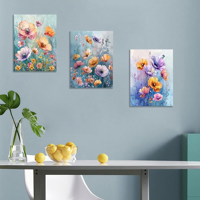 Floral Canvas Wall Art Colorful Abstract Wildflower Purple Daisy Flower Green Leaves Picture Print Plant Theme Posters Painting Artwork for Bedroom Bathroom Wall Decor Ready to Hang [36''W x 16''H]