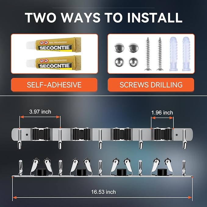 ZONGOOL 2 Pack Mop Broom Holder Wall Mount, 4 Racks and 5 Hooks Broom Organizer Storage Tool Racks Stainless Steel Non-slip Wall Hanger for Home Kitchen Garden Laundry Garage (Silver)