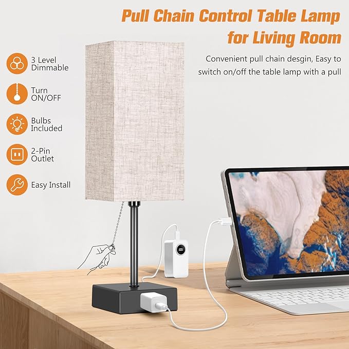 Table Lamp for Bedroom Set of 2, Bedside Lamps with 3 Color Temperatures Night Light, Lamp for Night Stands with AC Outlet and Square Shade, Pull Chain Small Desk Lamp for Living Room Home Decor