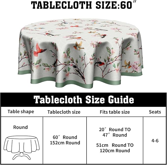 Spring Flowers Round Table Cloth Spring Hummingbird Round Tablecloth 60 Inch Spring Summer Circle Table Cover Colorful Floral Birds Table Cover for Kitchen Dining Room Farmhouse Indoor Outdoor Decor