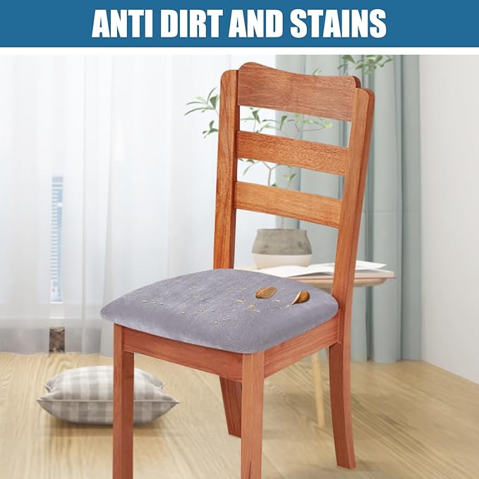 Smiry Velvet Seat Covers for Dining Room Chair Set of 6, Stretch Fit Removable Washable Chair Seat Cushion Protector Slipcovers with Ties, Light Grey