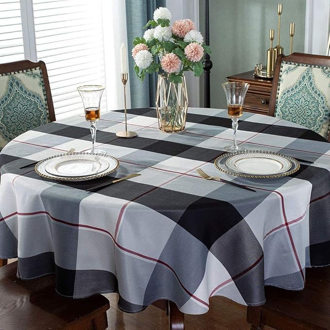 SASTYBALE Round Tablecloth Checkered Style Polyester Table Cloth Dust-Proof Wrinkle Resistant Heavy Weight Table Cover for Kitchen Dinning Tabletop Decoration (Round,60" (4-5 Seats), Grey)