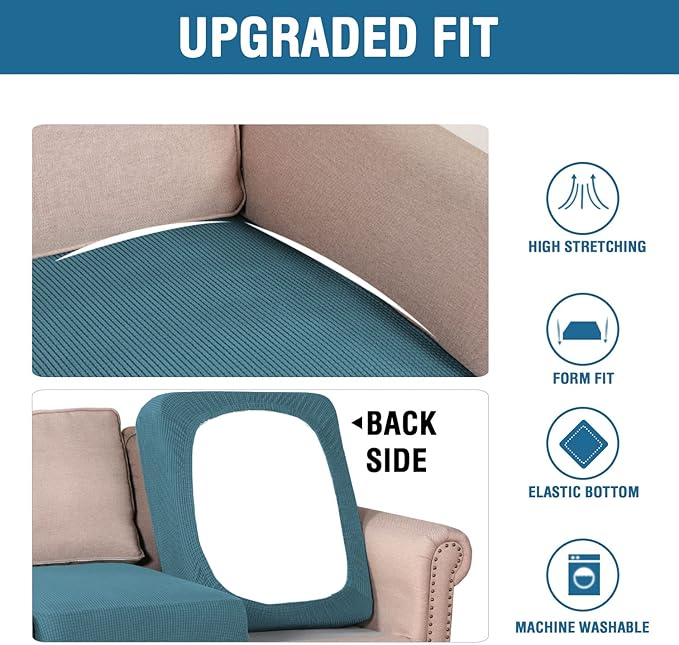 H.VERSAILTEX Super Stretch Individual Seat Cushion Covers - Sofa & Couch Cushion Slipcover Sets - Thick Jacquard Textured Twill Fabric (3 Piece XL Sofa Cushion Covers, Storm Blue)