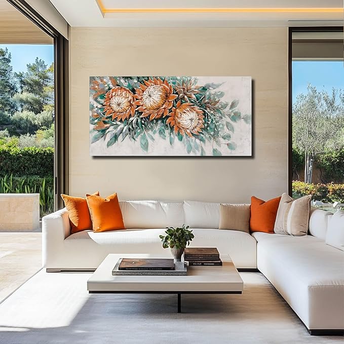 GAIDUOMAI Red Flowers Wall Art Green Leaves Painting Plants Wall Decorations for Living Room Contemporary Artwork for Home Haning Decor 24x48 Inch