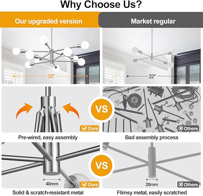 Sputnik Chandeliers Dining Room Light Fixture (10-Light, 33-Inch), Modern Nickel Chandelier, Height Adjustable Mid Century Modern Chandeliers for Living Room Entryway Hallway