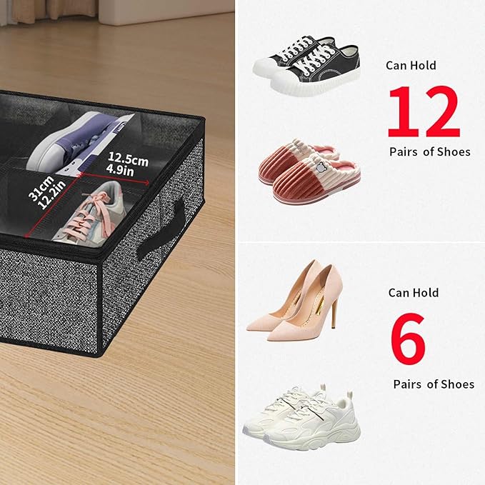 Onlyeasy Sturdy Under Bed Shoe Storage Organizer, Set of 2, Fit 12 to 24 Pairs, Underbed Shoes Closet Storage Solution with Clear Window, Breathable, L29.3"x W23.6"x H5.9", Linen-like Black, MXAUBSB2P