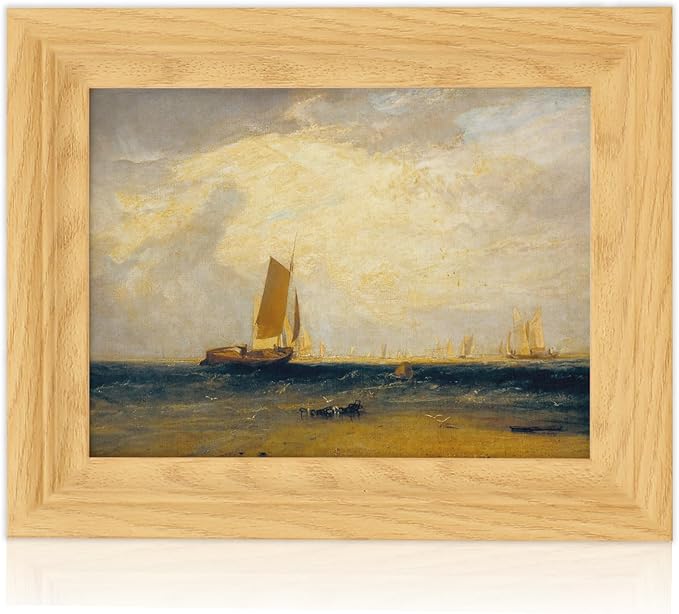 Brivoria Framed Canvas Wall Art Vintage Decor, Romantic Coastal Scene with Sailing Ship Golden Sky Tidal Water and Shore Birds for Bathroom Entryway Bookshelf or Tabletop Display, 8"x10"