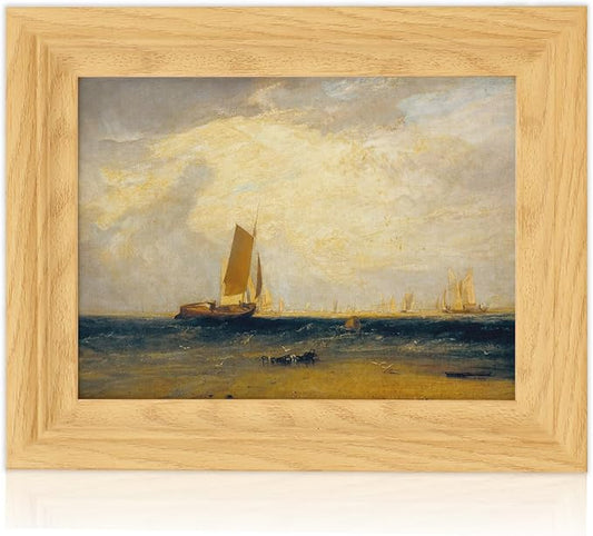 Brivoria Framed Canvas Wall Art Vintage Decor, Romantic Coastal Scene with Sailing Ship Golden Sky Tidal Water and Shore Birds for Bathroom Entryway Bookshelf or Tabletop Display, 8"x10"