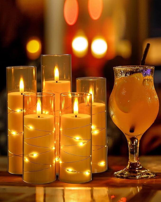 Da by Flameless Candle Light, Battery Candle with recessed String Lights, 5 flameless Candles with 11-Key Remote Control, 24-Hour Timer Function, Champagne Color