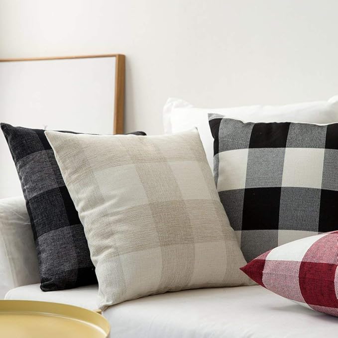 MIULEE Halloween Pack of 2 Farmhouse Buffalo Check Plaids Linen Throw Pillow Covers Soft Soild Decorative Home Decor Outdoor Cushion Case for Sofa Bedroom 18 x 18 Inch, Black and White