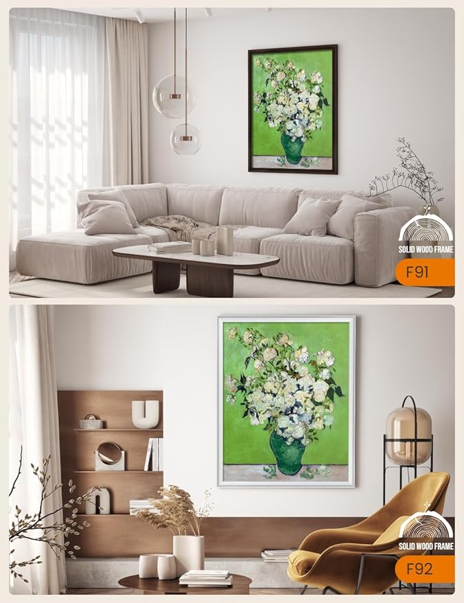 DECORARTS - Pink Roses in a Vase by Vincent Van Gogh, Large Giclee Canvas Print with Solid Wood Frame, Oversized Wall Art Decor