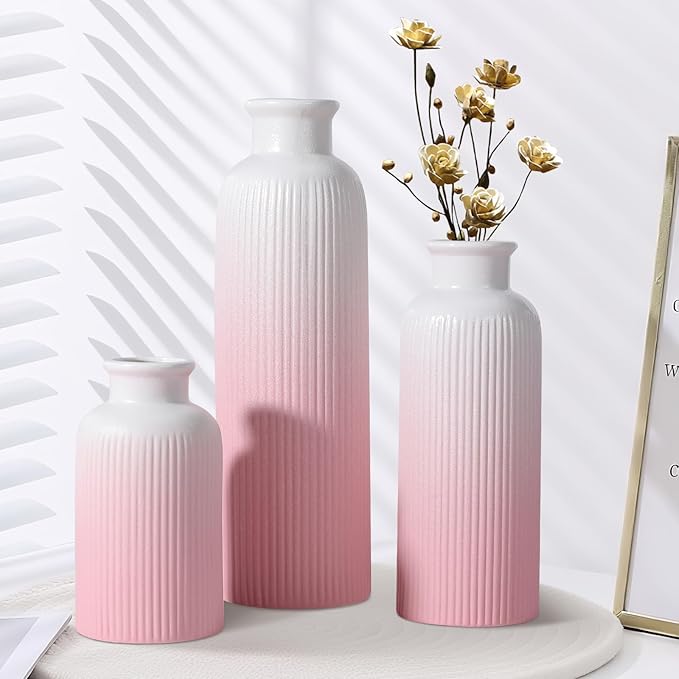 Small Gradient Pink Ceramic Vase Set of 3, Boho Modern Flower Vase Room Decor, Farmhouse Decor, Vases for Your Kitchen, Bathroom, Bedroom, Living Room, Office&Shelf Centerpiece Table Decorations