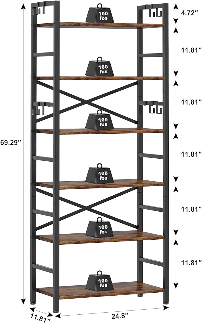 6 Tier Bookshelf, Industrial Bookcase with 8 Hooks, Vintage Storage Rack with Open Shelves, Rustic Standing Bookshelves Metal Frame Display Rack for Living Room, Bedroom, Rustic Brown