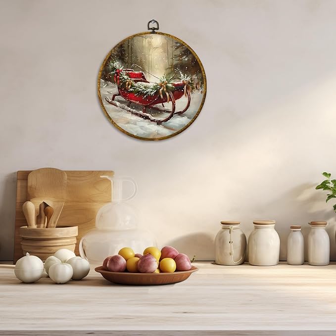 CUANFDDSF Vintage Christmas Sleigh Round Wall Art Decor, Rustic Farmhouse Winter Xmas Sleigh Holiday Wall Hanging Frame Decor, Cozy Christmas Canvas Prints Decorations for Home Bedroom, 10x10 Inch