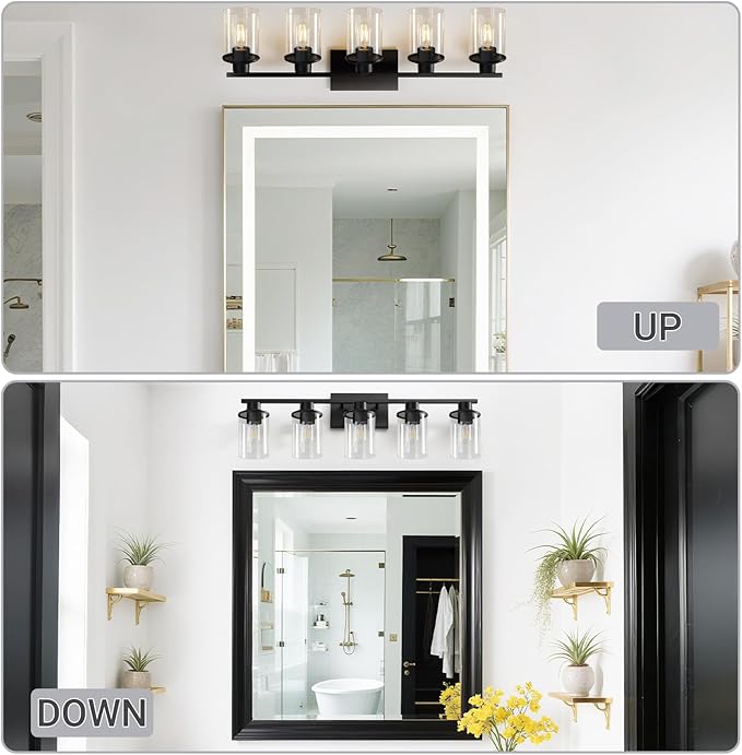 LOUSACE 5 Light Bathroom Vanity Light, Matte Black Bathroom Light Fixtures, Modern Bathroom Lights Over Mirror with Clear Glass Shade, Wall Sconce Lighting for Bedroom Living Room