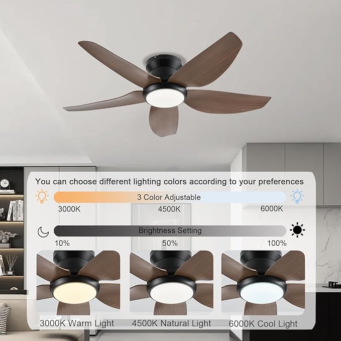 Ceiling Fans with Lights, 43 Inch Low Profile Ceiling Fan with Light and Remote/App Control, Flush Mount, Reversible DC Motor, 3CCT, Dimmable, Noiseless, Brown Ceiling Fan for Indoor/Outdoor Use